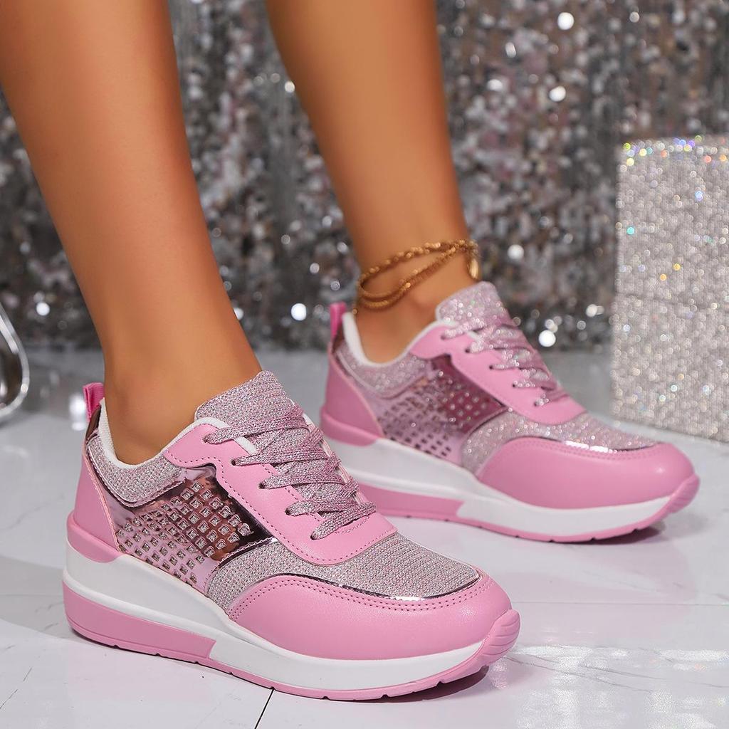 Zapatillas de Plataforma con Tacón de Cuña para Mujer Talla Grande Transpirables Lentejuelas Punta Redonda con Cordones Primavera y Otoño Zapatillas Casuales