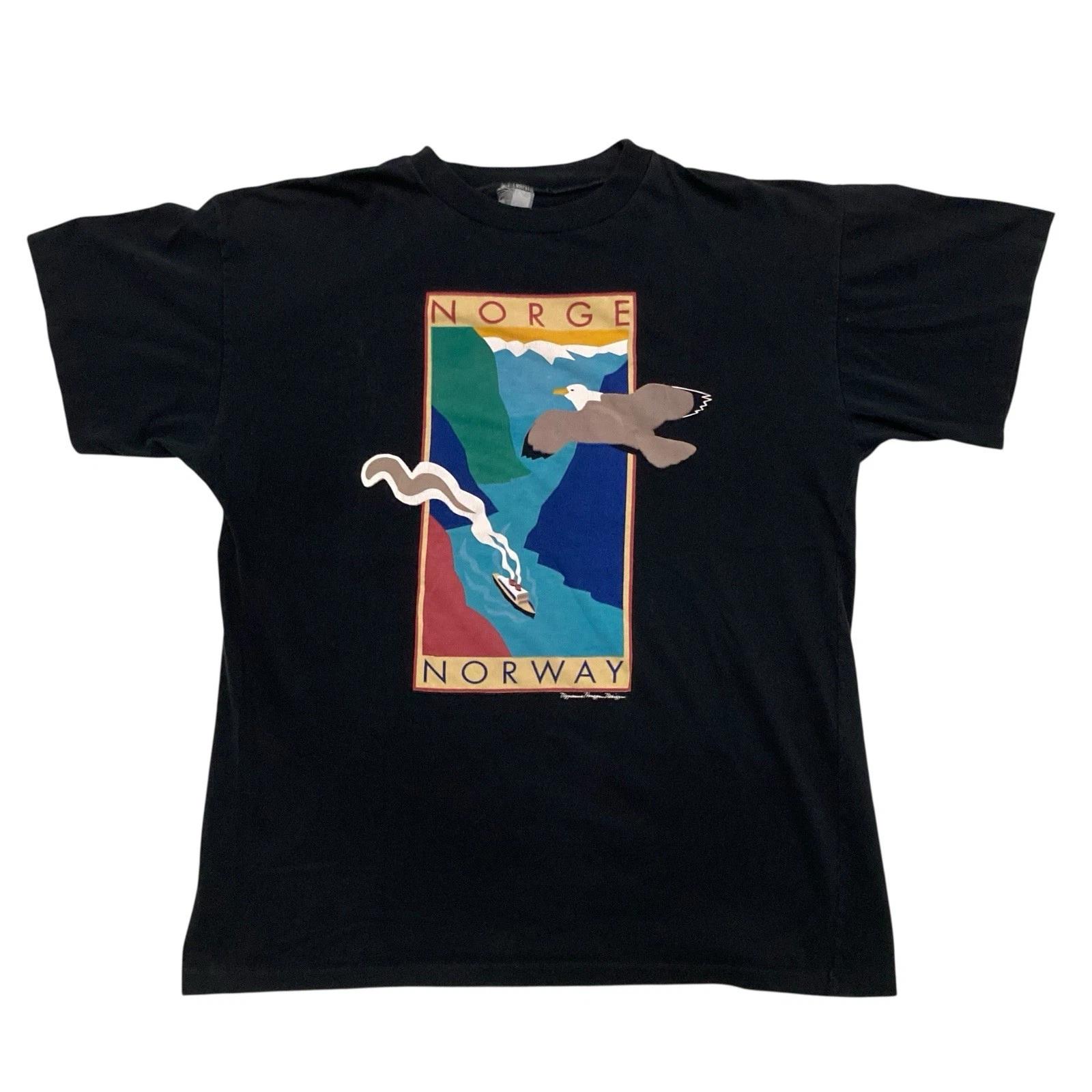 Vintage Norway Norge River Nature Scene Eagle Black T-shirt M Single Stitch 3XL