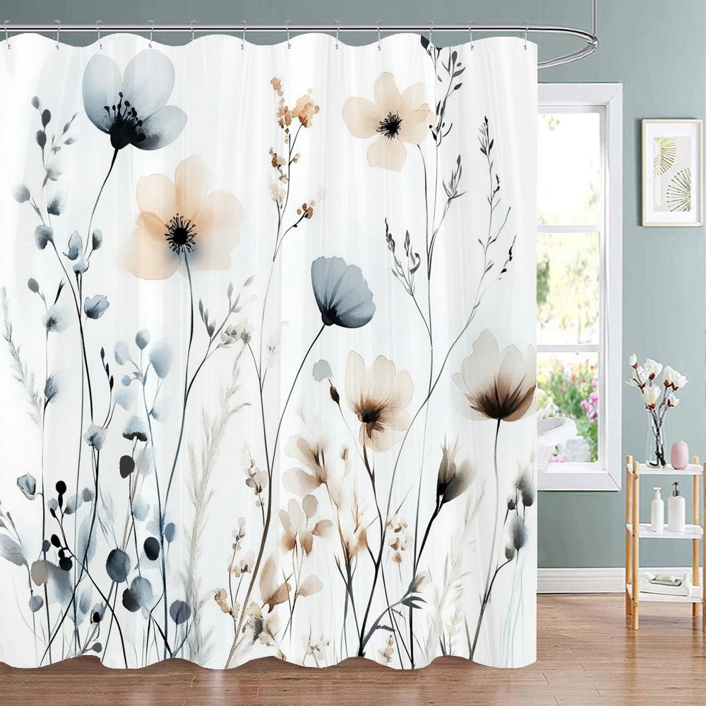 Modern Watercolor Blue Flowers Print Shower Curtain, Polyester Shower Curtain with Hooks for Bathroom Decorative Shower Curtain