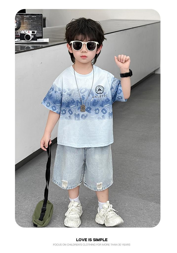 Boys' Loose Short Sleeved Summer Outfit Children's Set 2026 New Style Baby Korean Style Handsome Ripped Jeans Two-piece Set