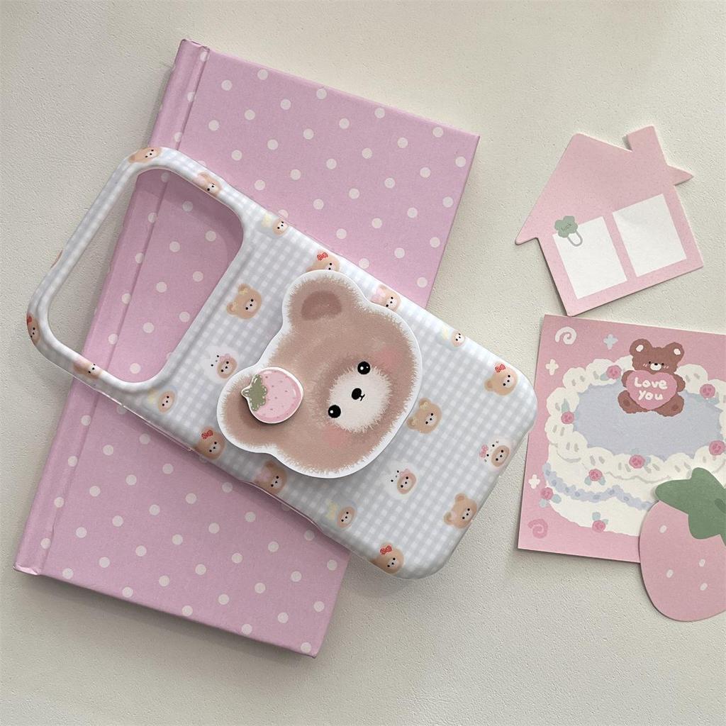 Plaid Little Bear Stand iPhone 14/13 & Apple 17/16/15 PROMAX Anti-fall Case