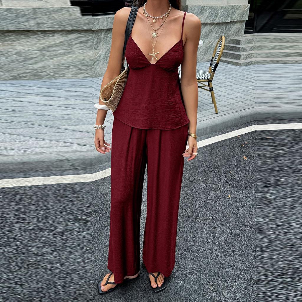 Damen Sommer Zweiteiler Ärmelloses V-Ausschnitt Camisole Top und Weite Hosen Leichte Lässige Urlaubsoutfit