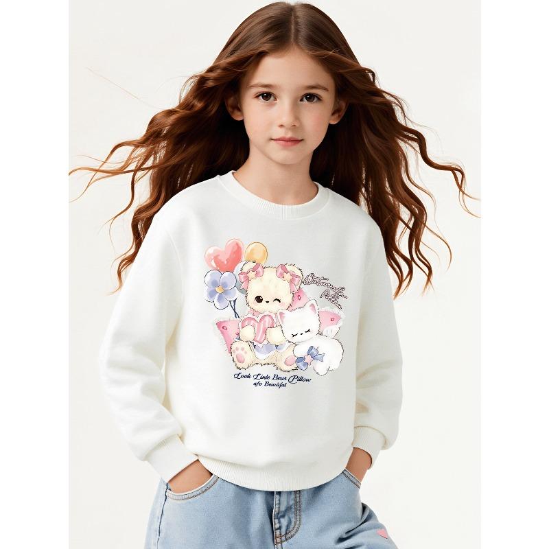 European sizes Girls' Soft Crewneck Sweatshirt with Cute Bear & Cat Pillow Print, Casual All-Match, Ideal Holiday Present