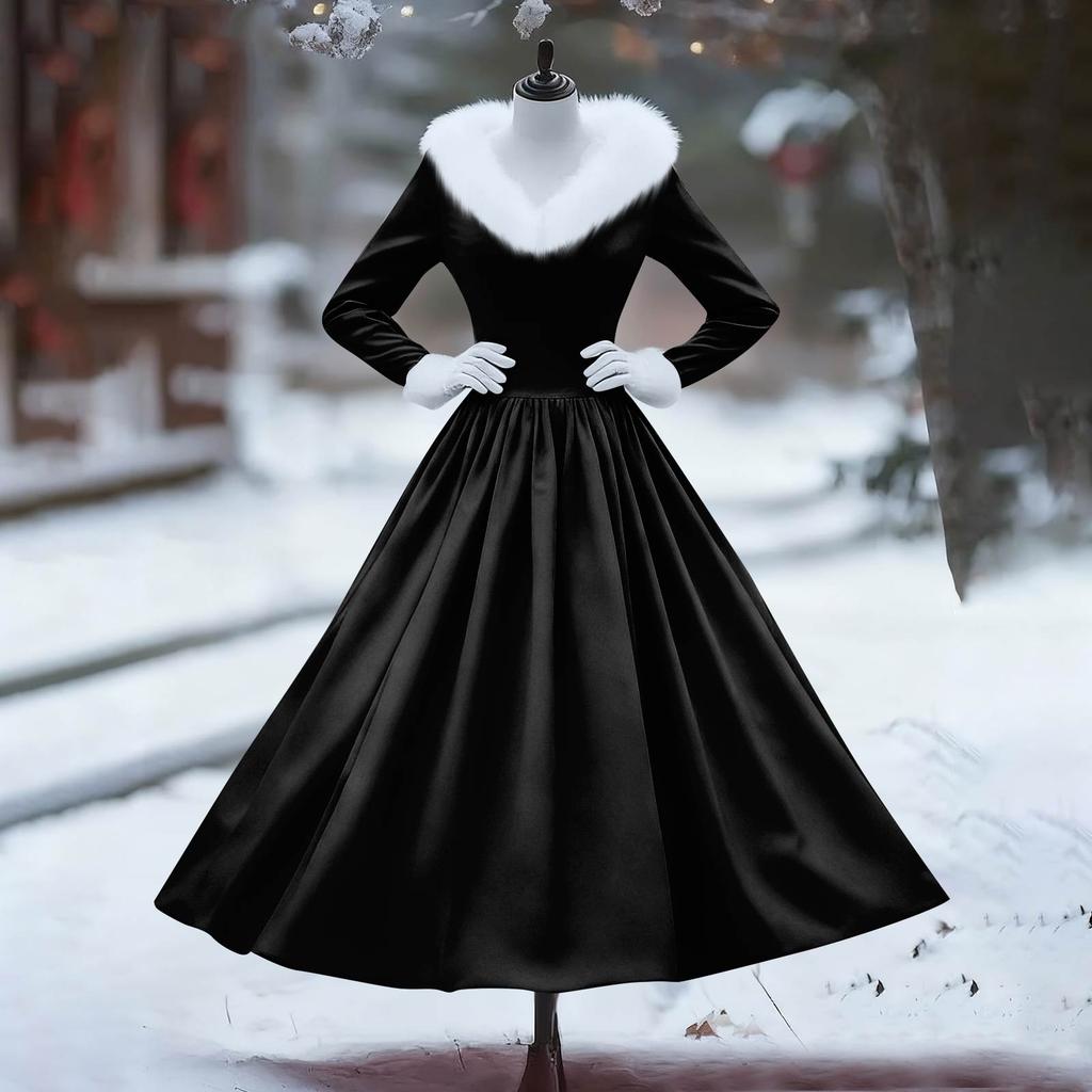 Women's Casual Dress Long-Sleeve V-Neck Patchwork Fleece Christmas Print Dress