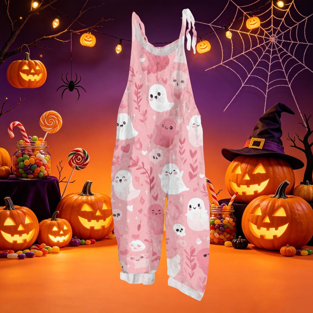 Women's Loose Fit Vintage Overalls Casual Jumpsuit Sleeveless Cotton Linen Blend Halloween Print Adjustable Strap