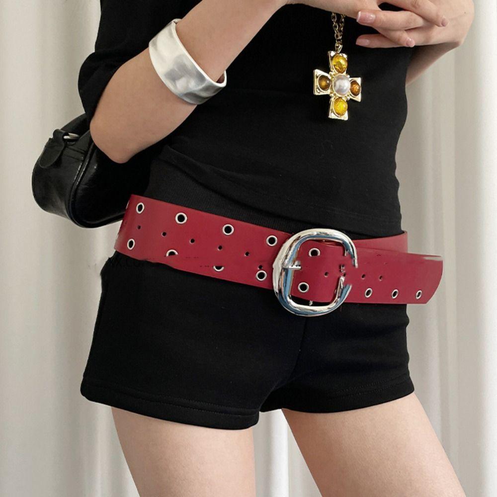 Vintage Women Wide Belt Metal Buckle Punk Style Belt Retro Leather Waistband  Girls