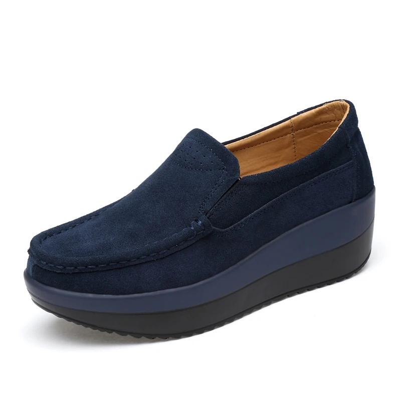 Women Flat Platform Loafers Ladies Elegant Suede Leather Shoes Slip On Women's Blue Casual Shoes