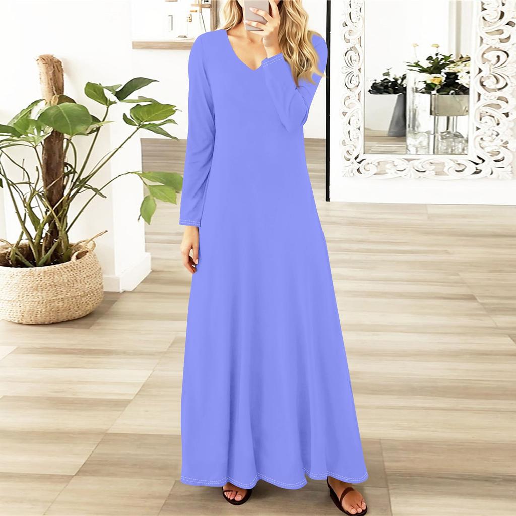 Dámská ležérní móda s dlouhým rukávem jednobarevné vintage dlouhé šaty podzim