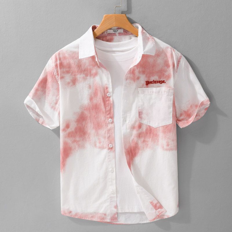 Summer Embroidery Gradient over Print Short sleeve Shirts Men's Cotton Hawaiian Advanced Casual Shirt 2025 New