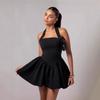 Women's Square Neck Sleeveless Mini Dress Slim Fit Mid Rise Elegant Flared Skirt Halter Party Dress Solid Backless Short Gown