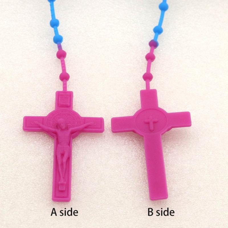 Fashion Rosary Beads Cross Pendant Necklace Women Link Chain Plastic Material Necklace Girl Religious Jewelry Party Gift