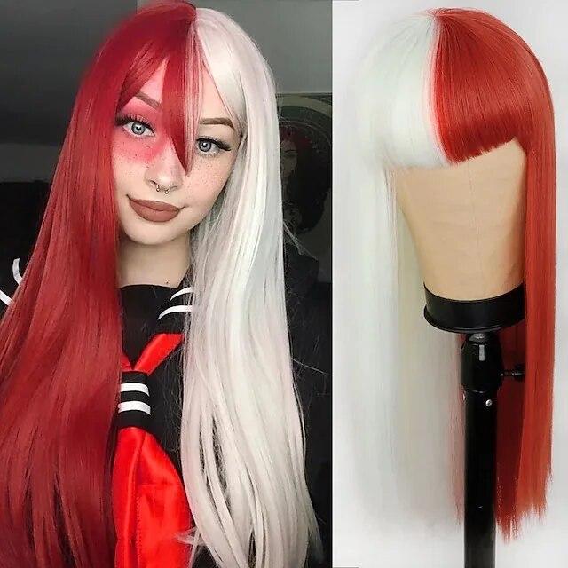 Similler Women Synthetic Hair Long Straight Heat Resistant Wig Pink and Black Red White Split Dye Wigs with Bangs