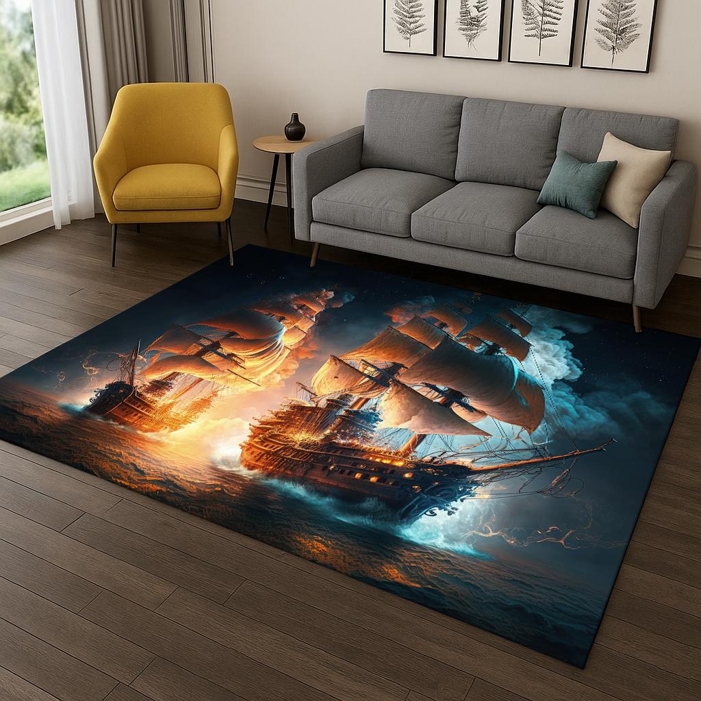 3D Traumatische Piratenschiff Segelboot Cartoon Teppich für Schlafzimmer Wohnzimmer Sofa Fußmatte Dekor, Kinder Spielbereich Teppich Rutschfeste Matte Geschenk