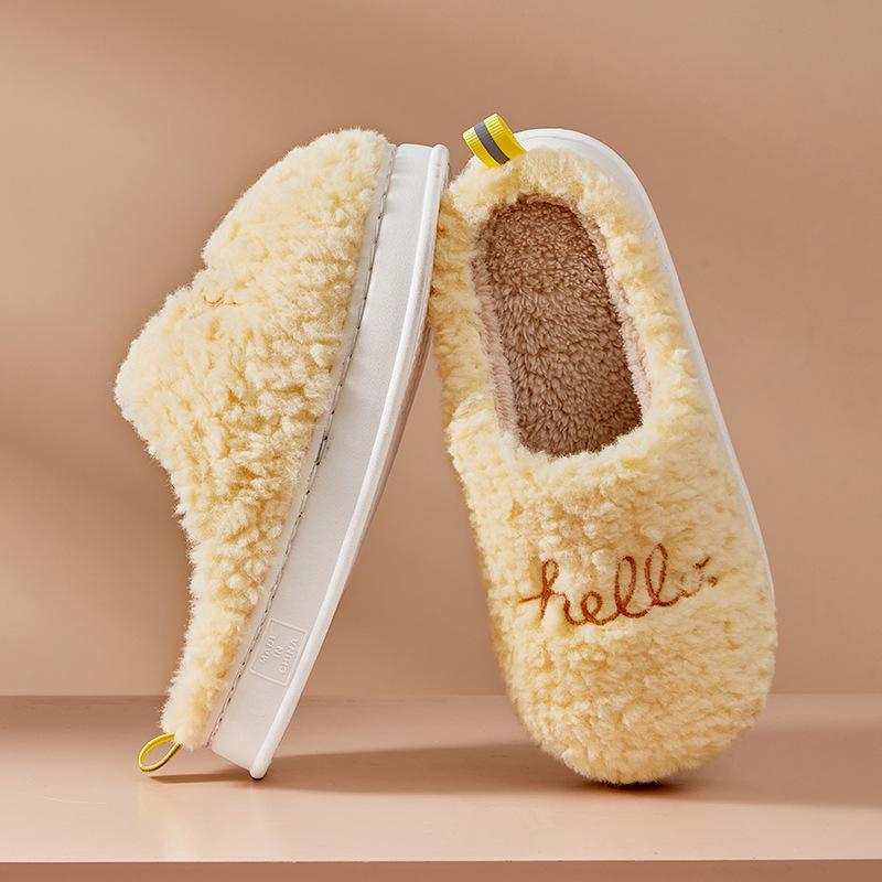 Hello embroidered plush cotton slippers indoor thickened warm cotton mop non-slip home slippers winter