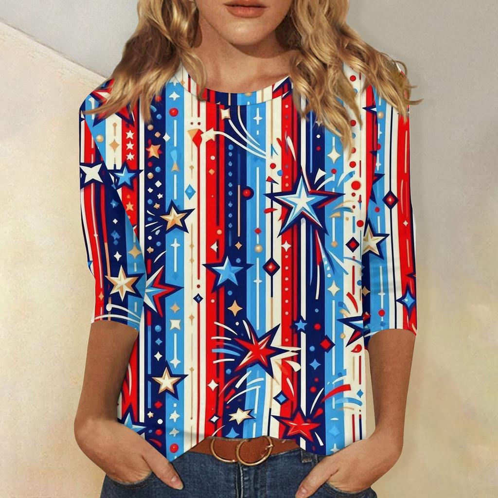 Women's Fashionable Casual Independence Day American Flag and Stars Print Neck Three-Quarter Sleeve T-Shirt Top