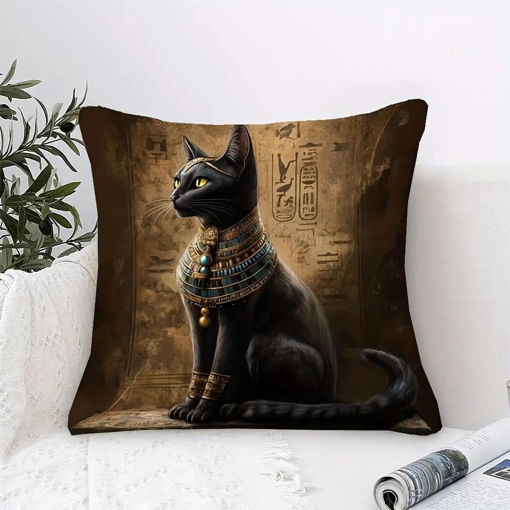2D flat-Vintage Egyptian Bastet Black Cat Throw Pillow Cover Ancient Egypt Hieroglyphics Decorative Cushion Case for  Bedroom