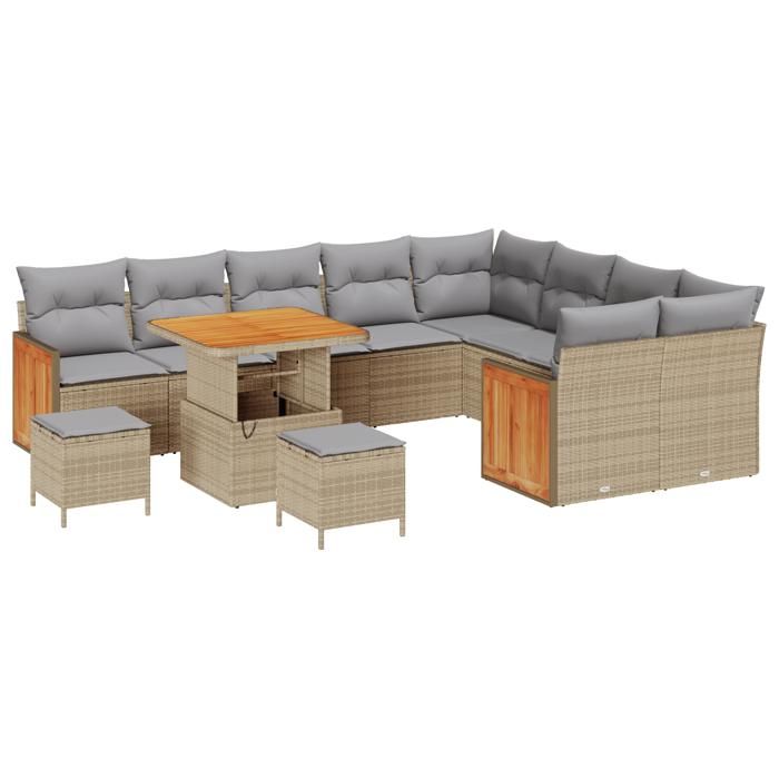 Ensemble de canapé de jardin vidaXL 12 pièces avec coussins beige poly rotin acacia, Ensemble de salle à manger de jardin 3363342