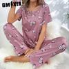 GMXIA Women's Loungewear O-Neck Short Sleeve Long Pants Printed with Eye Mask 3 Piece Pajama Set