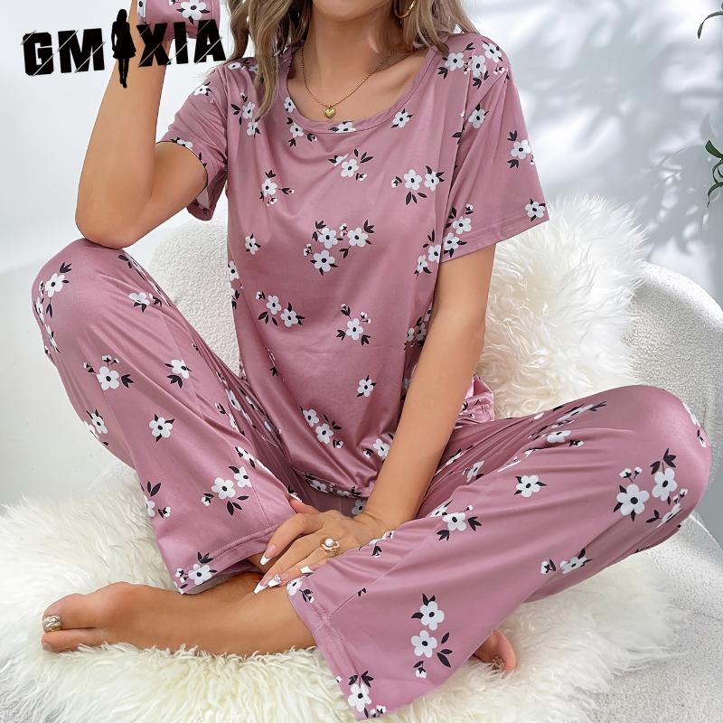 GMXIA Women's Loungewear O-Neck Short Sleeve Long Pants Printed with Eye Mask 3 Piece Pajama Set