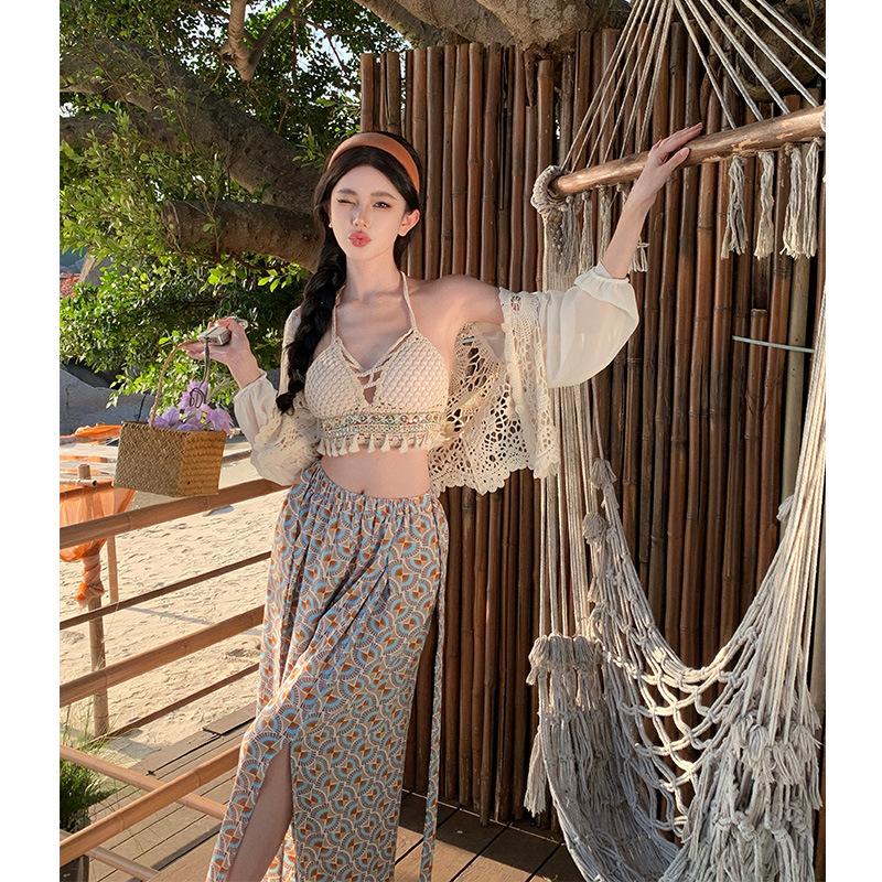 Bohemian Style Seaside Vacation Set Sanya Travel Chiffon Split Ethnic Style Wide-leg Trousers Set