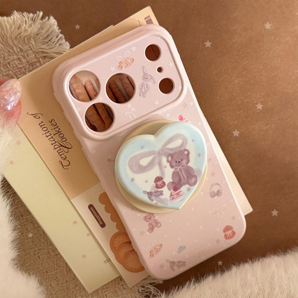 Cute Pink Bear Heart-Shaped Magnetic Stand and Bear Phone Case for iPhone 16, iPhone 17, and iPhone 17 Pro Max