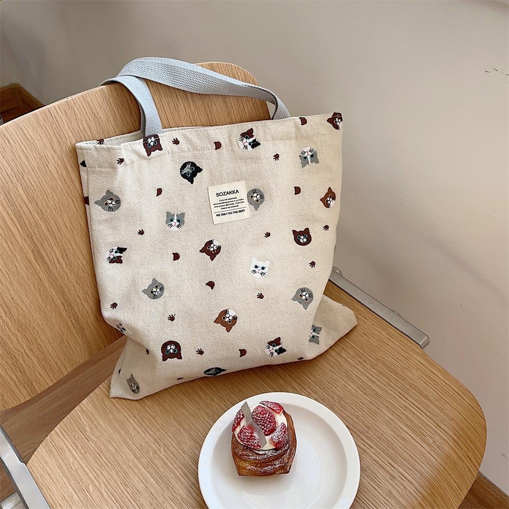 

Сумка из хлопка и льна с вышитым котом, большая вместимость, переносная сумка через плечо, школьная сумка, сумка подмышкой