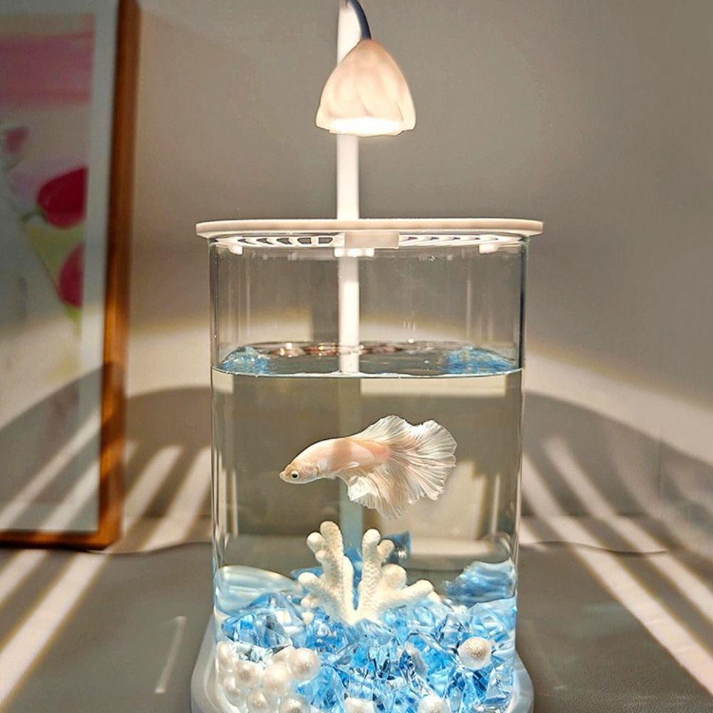 High Transparency Acrylic Landscape Fish Tank Shatterproof with Lid Mini Desktop Fish Tank LED Light Fishbowl
