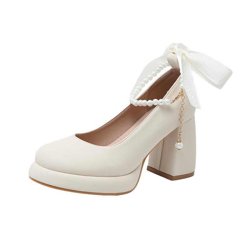 White Mary Jane shoes women's spring new temperament gentle single shoes thick heel high heel small leather shoes large size
