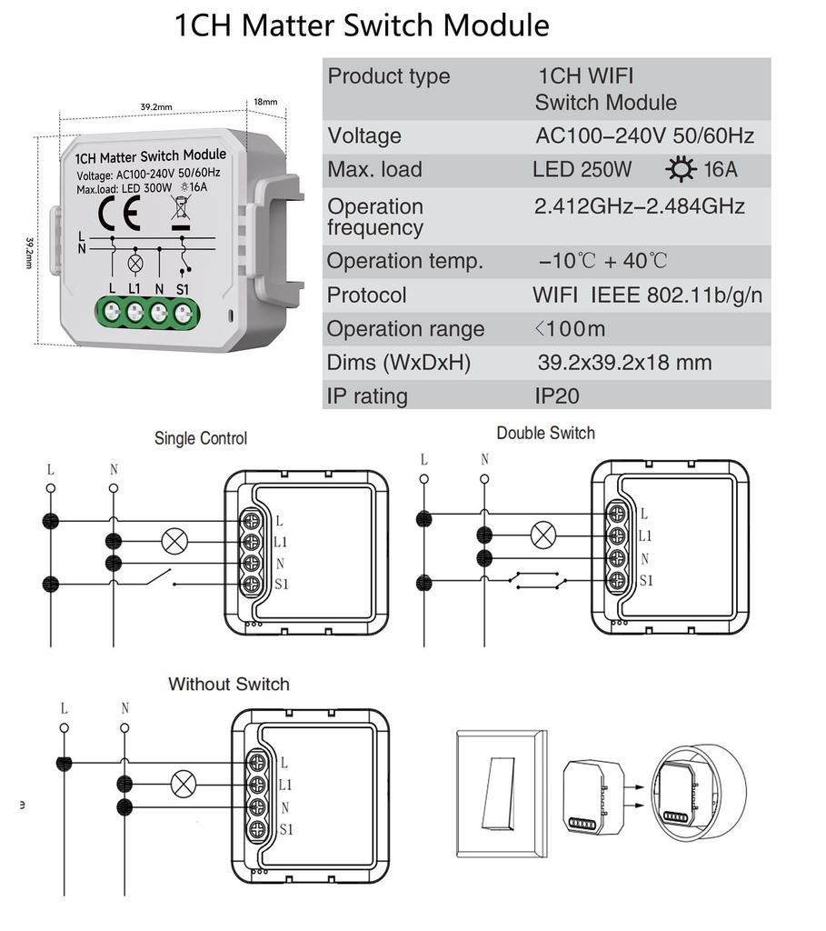 Matter Breaker WiFi Switch Module for HomeKit, Direct Siri Voice Control, Hidden Junction Box Integration