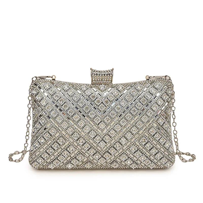 Vintage Style Beading Women Evening Bags Rhinestones Golden Metal Chain Shoulder Clutch Bag Shoulder Chain Lady Luxury Glitter H