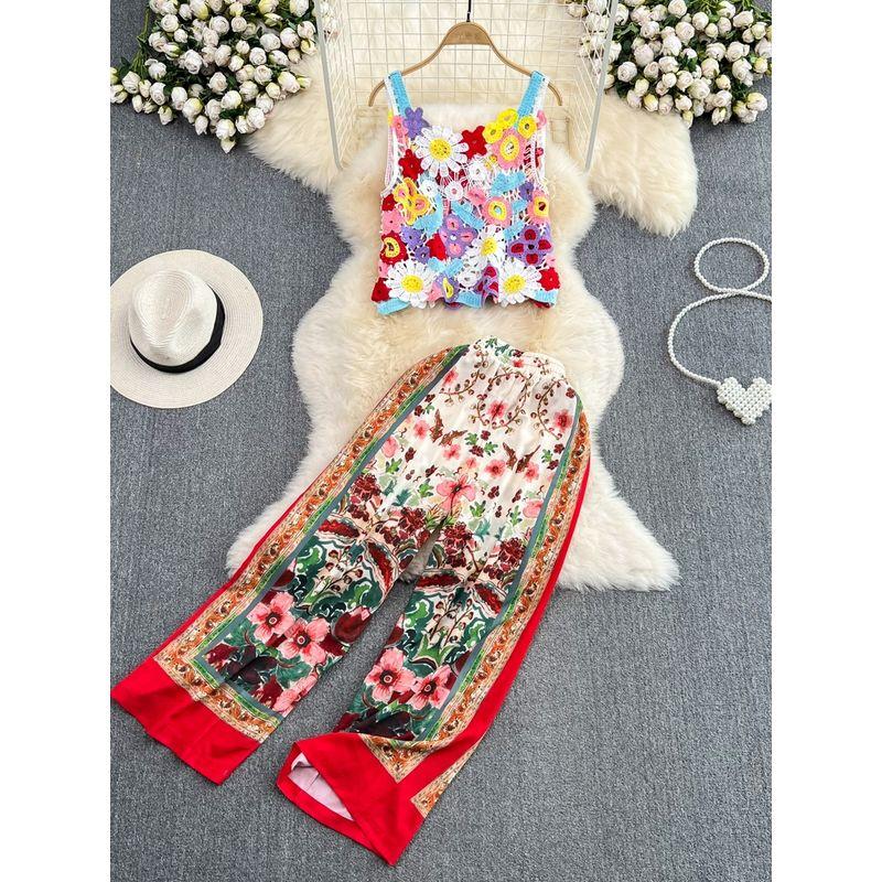Seaside Holiday Cut Out Crocheted Flower Color Lace Sling Vest Two-Piece Set Ethnic Style Retro High Waist Loose Pants