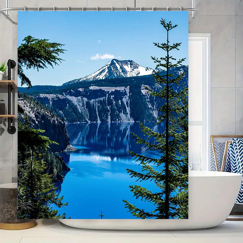 

Scenic Landscape Shower Curtain with Waterfall and Snow-Capped Mountain Waterproof Printing for Bathroom Decorations 90x180cm
