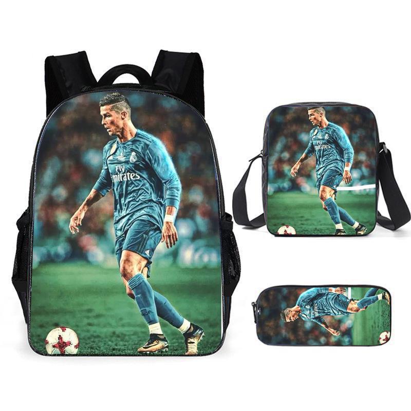 Sac à dos scolaire imprimé Messi pour étudiant Sac à dos Satchel C Luo pour Neymar Ensemble trois pièces