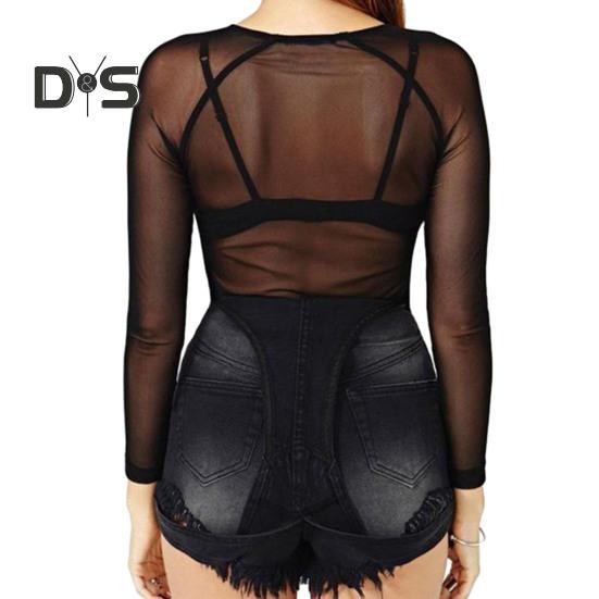 Women Club Top See Through Ultrathin Mesh Long Sleeve Solid Color Soft Breathable Round Neck Pullover Elastic Slim Fit Punk Beach Top