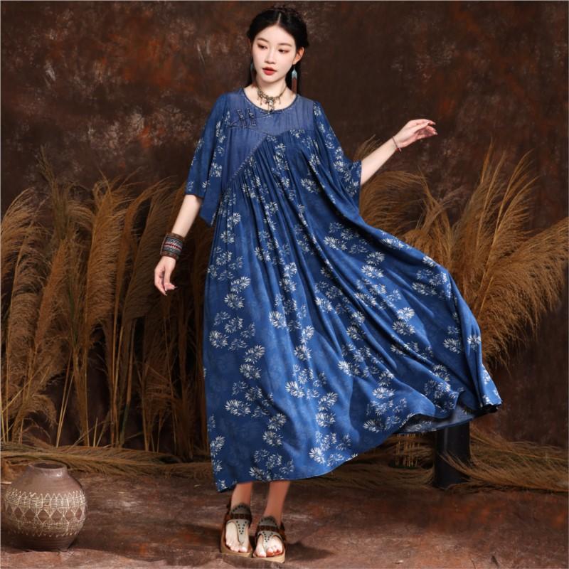 Johnature Chinese Style Disc Buckle Print Dress Summer Woman Loose Splicing Cotton Half Sleeve O-Neck Dress