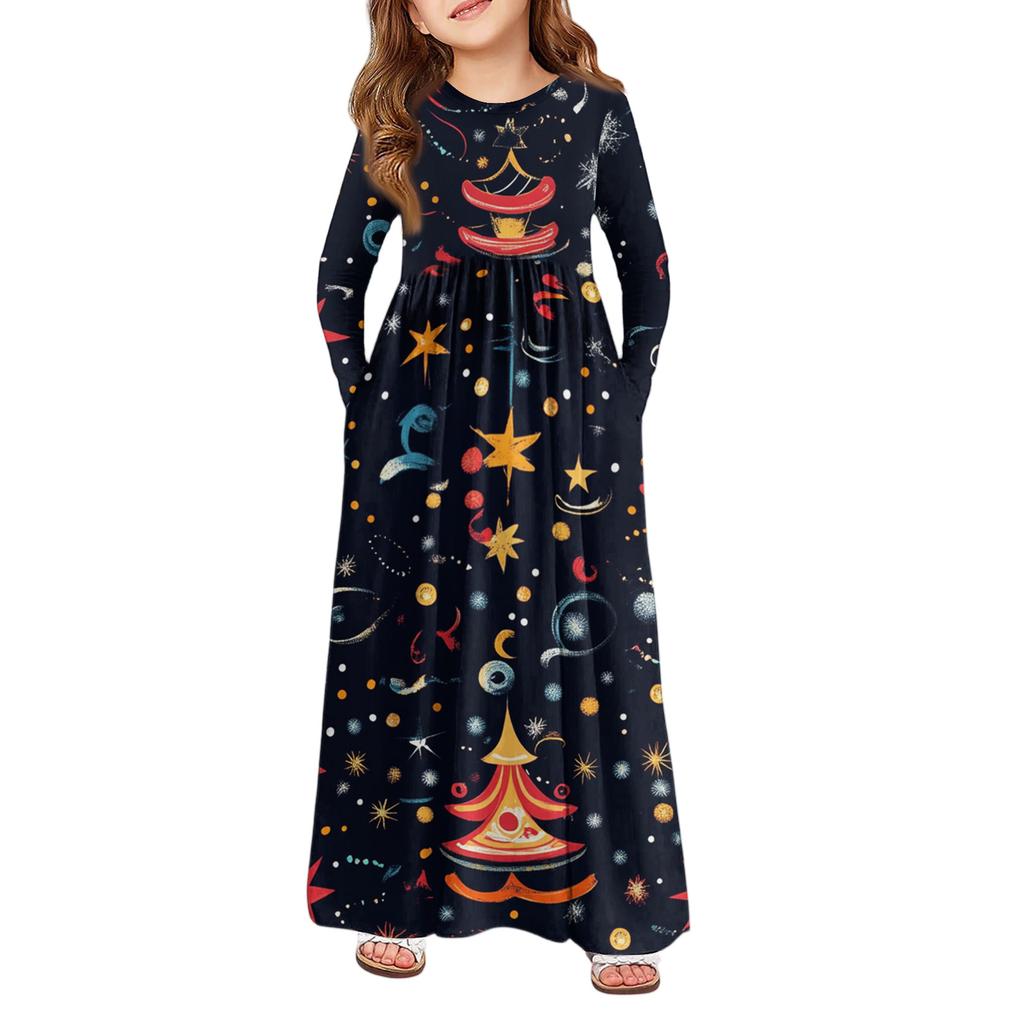 Girls' Maxi Dress - Long Sleeve Pocket Dress Christmas Day