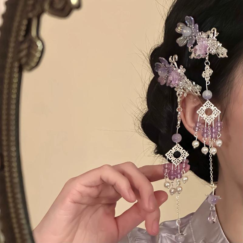 Flower Tassel Hair Clip Chinese Hanfu Style Crystal Pearl Tassel Hairpin For Women