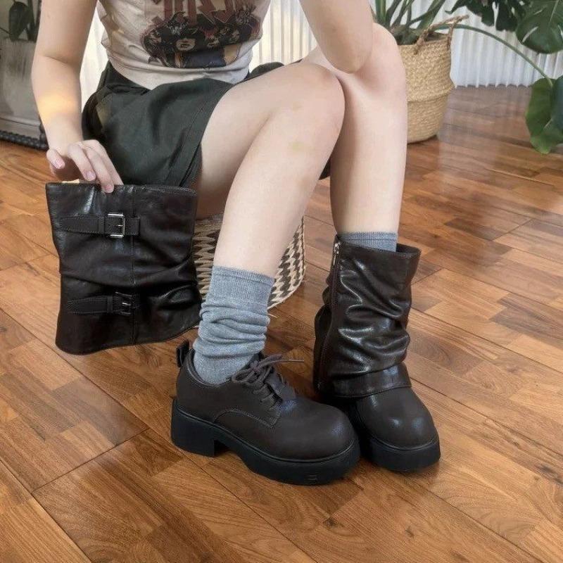 Cowhide version~ thick-soled trouser boots two wear belt buckle short boots round head retro stacking boots women's western boots medium boots