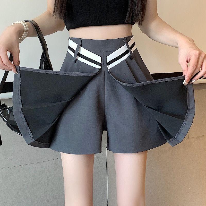 Korean Summer Short Skirts Women Irregular Pleated Zipper Patchwork Fashion Casual High Waist Loose Wide Leg A Line Skirt Shorts