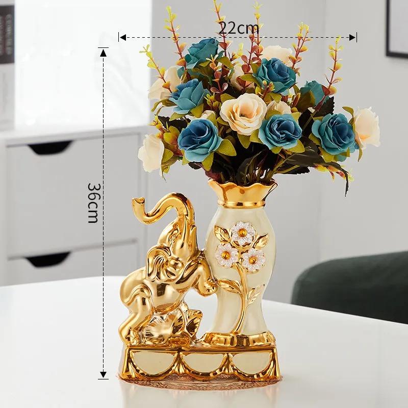 Keramik-Elefantenvase im europäischen Stil – Dekorative Figur mit künstlichen Blumen für Zuhause oder Tischplatte