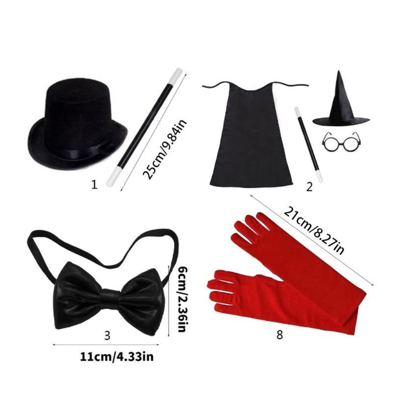 Magician Roleplay Cosplay Costume Outfit Set Halloween Magician Dress Up Top Hat Magic Cape Magic Wand Glasses Gloves