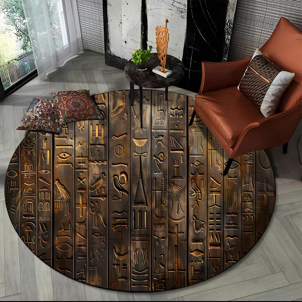 2025 New Ancient Egypt Hieroglyphic Mythology Wall Painting Glyph Round Carpet Rug for Bedroom Living Room Sofa,Decor Floor Mat