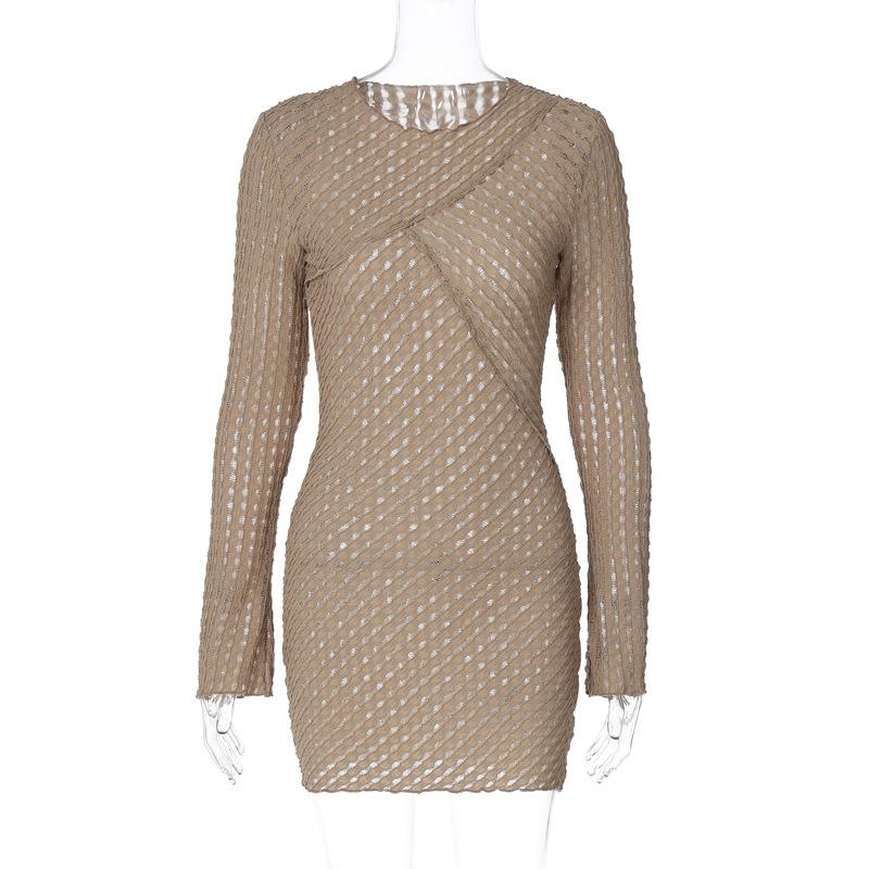 

Fashionable Slim Fitting Versatile Long Sleeved Sexy Perforated Hip Hugging Short for Women Casual Dresses L хаки