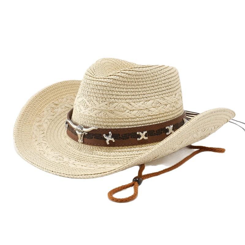 Summer fashion retro western style cow head belt buckle decorative straw hat men's personality Panama hat women's sun protection hat