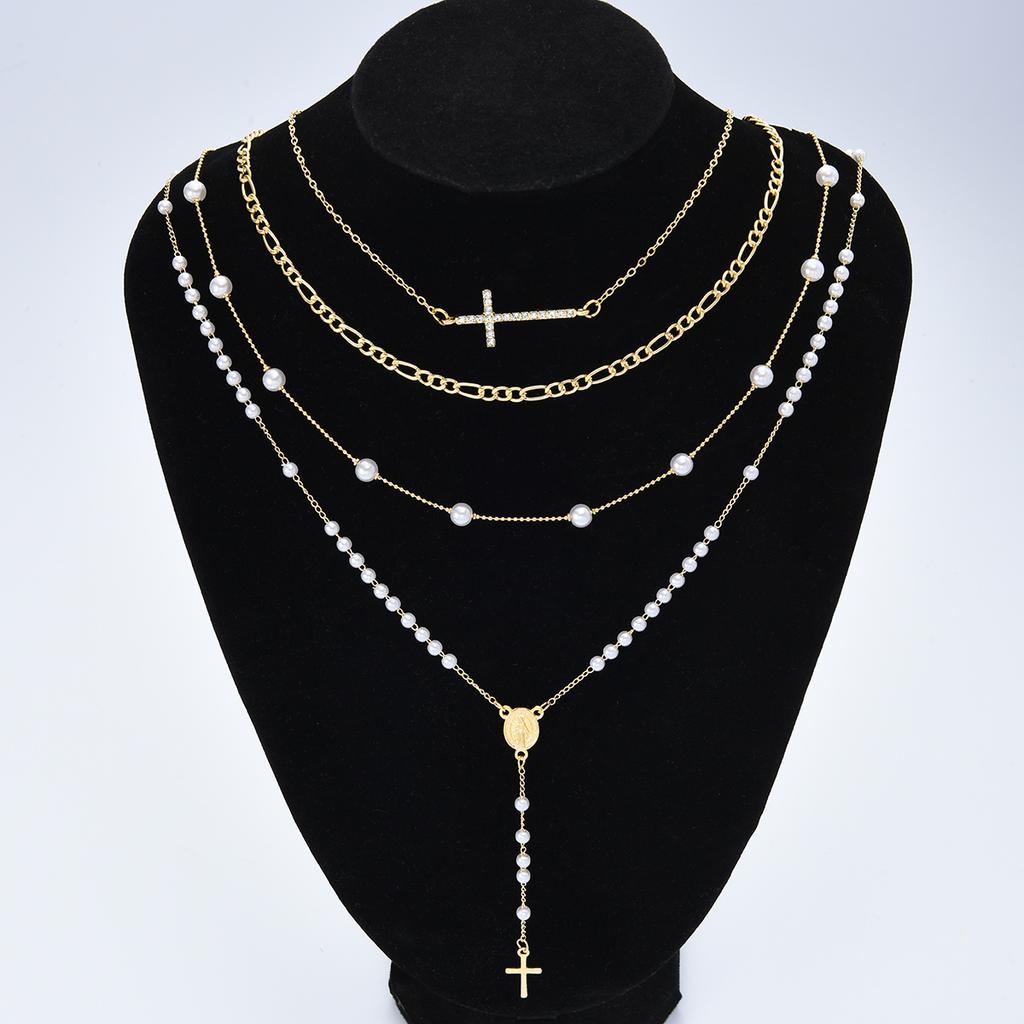 17KM 4 Stück Elegantes Luxus Goldfarben Zirkon Kreuz Anhänger Halskette Set für Damen Mehrschichtige Lange Halsketten Tägliches Tragen Party Schmuck