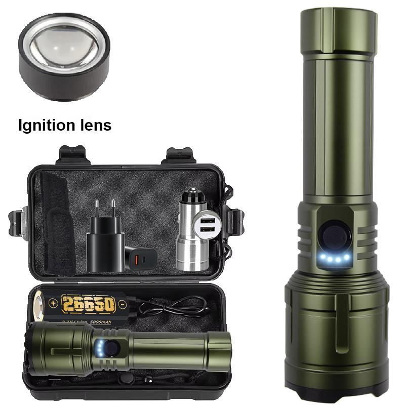 5000MAH Ultra Bright LED Flashlight  with Flame Ignition Type-C Rechargeable Tactical Torch Outdoor Camping Adventure Lantern