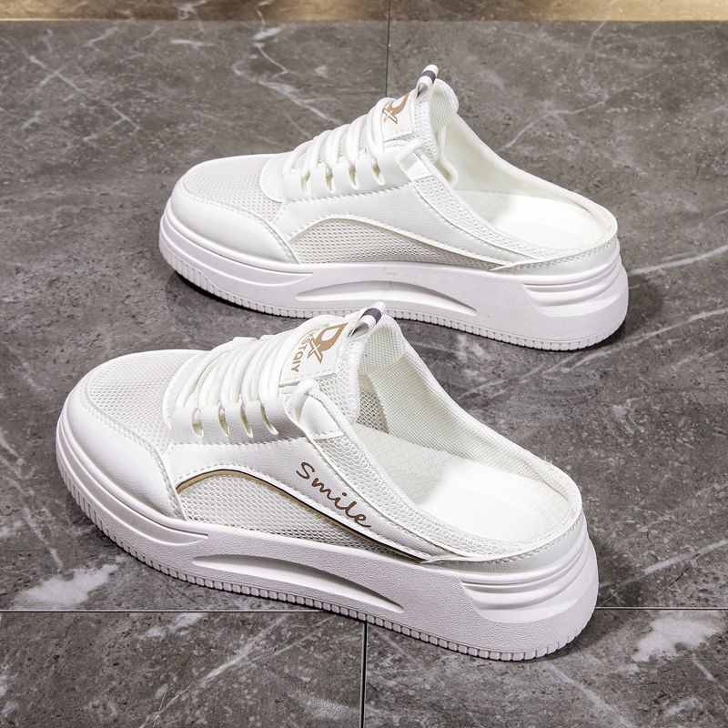 Cool slippers women's summer half-drag outside maternity shoes one pedal lazy mesh sports little white shoes
