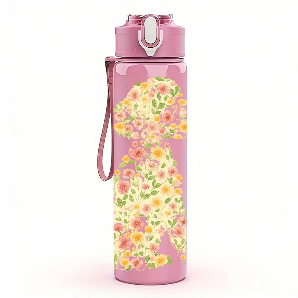 1PC Floral Pattern Dog Silhouette 750ml Color Plastic Sports Water Bottle Leakproof Flip Straw Lid Suitable for Sports Office Home Use
