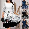 Summer O-neck 45720 Sleeve Midi Dress Butterflies Flower Printing Waist Tight Loose