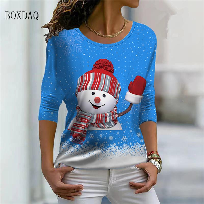 Christmas Snowman Pattern Women Cartoon T-shirts Long Sleeve 3d Print Christmas Street Ladies Tee 6XL Big Size Casual Cute Tops